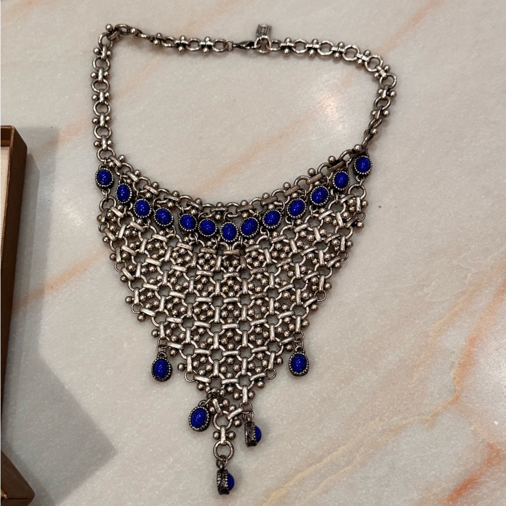 DANNIJO Elegant Silver and Blue Statement Necklace with box